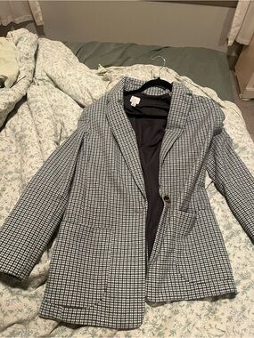 Blue Black and White Checked Single-Button Blazer